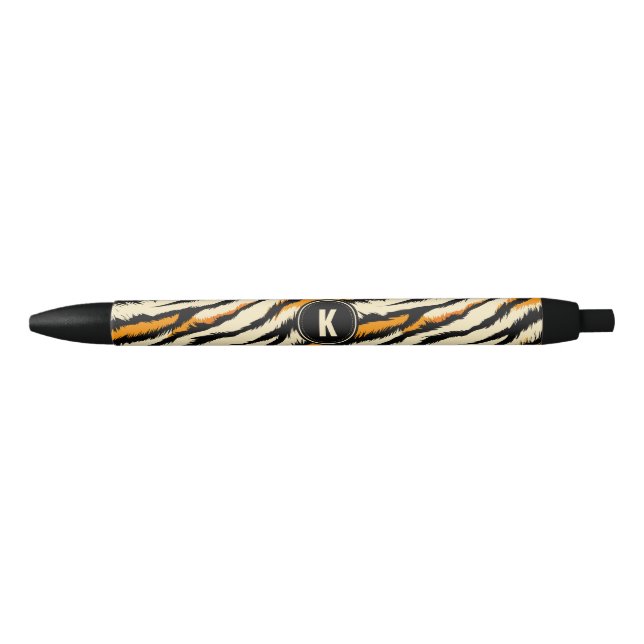 Black Orange Tiger Stripes Pattern Monogram Ink Pen (Front)