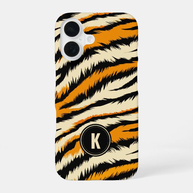Black Orange Tiger Stripes Pattern Monogram iPhone 16 Case (Back)