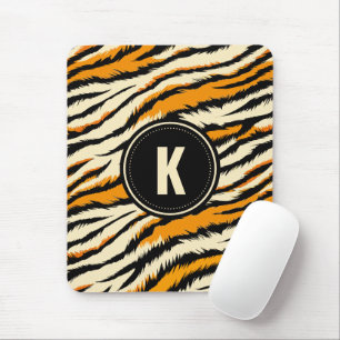 Black Orange Tiger Stripes Pattern Monogram Mouse Mat