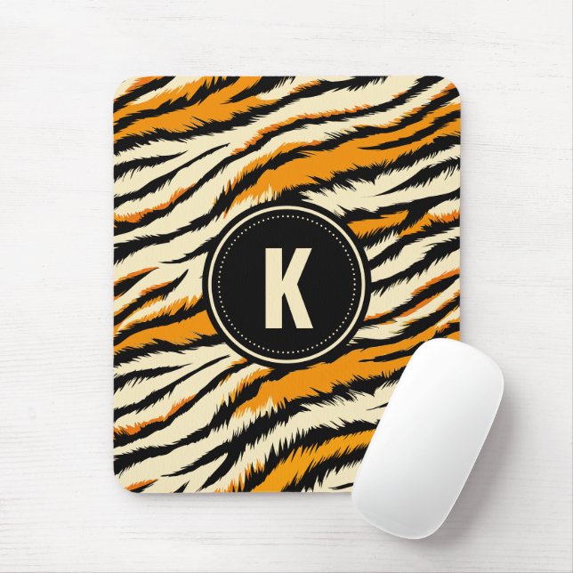 Black Orange Tiger Stripes Pattern Monogram Mouse Mat (With Mouse)