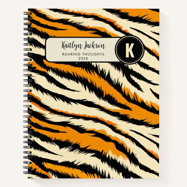 Black Orange Tiger Stripes Pattern Monogram Notebook (Front)