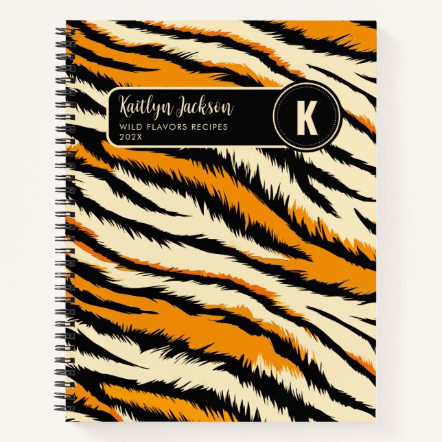 Black Orange Tiger Stripes Pattern Monogram Notebook (Front)