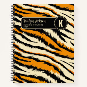 Black Orange Tiger Stripes Pattern Monogram Notebook