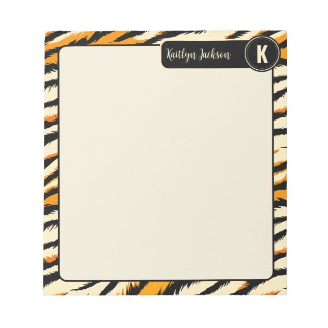 Black Orange Tiger Stripes Pattern Monogram Notepad (Front)