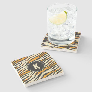 Black Orange Tiger Stripes Pattern Monogram Stone Coaster