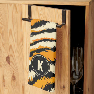 Black Orange Tiger Stripes Pattern Monogram Tea Towel