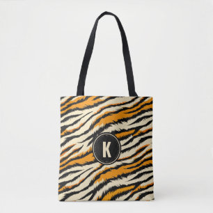Black Orange Tiger Stripes Pattern Monogram Tote Bag