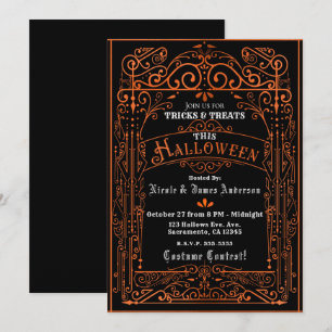 Black & Orange Vintage Victorian Deco Halloween Invitation