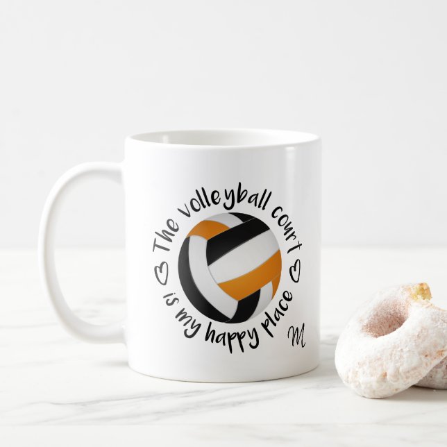 black orange volleyball court my happy place coffee mug (With Donut)