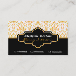 Black orange white damask interiors business cards