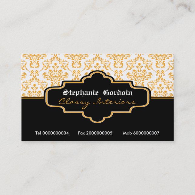 Black orange white damask interiors business cards (Front)
