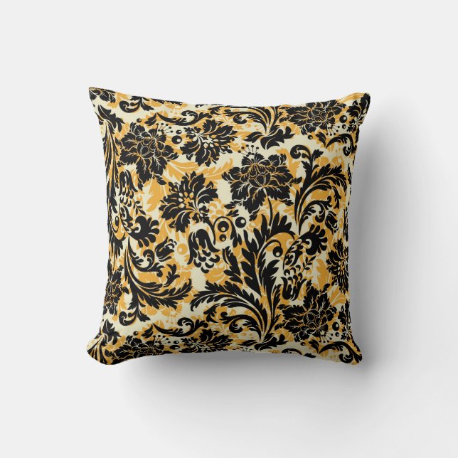 Black Orange & White Floral Damasks Cushion (Front)