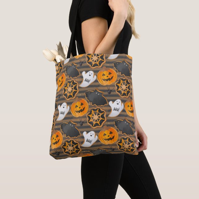 BLACK ORANGE WHITE HALLOWEEN COOKIES TOTE BAG (Close Up)