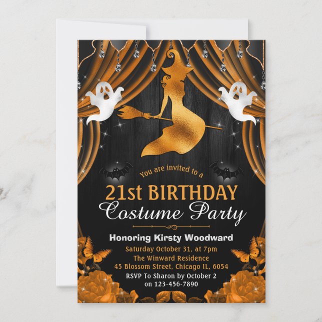 Black & Orange Witch & Curtain 21st Birthday Invitation (Front)