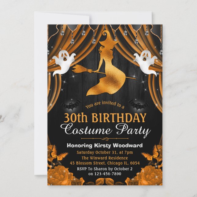 Black & Orange Witch & Curtain Birthday Invitation (Front)