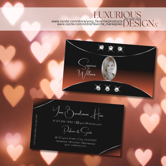 Black Orange with Silver Decor Diamonds and Photo Business Card (Creator Uploaded)