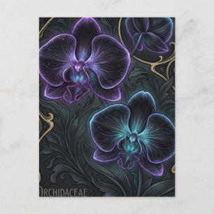 Black orchid blooms with bioluminescent purple postcard