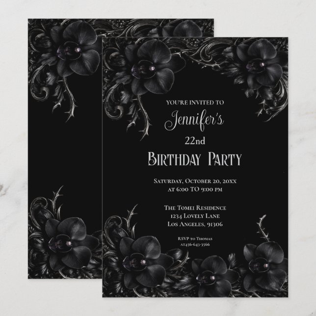 Black orchids Gothic Floral Birthday Invitation (Front/Back)