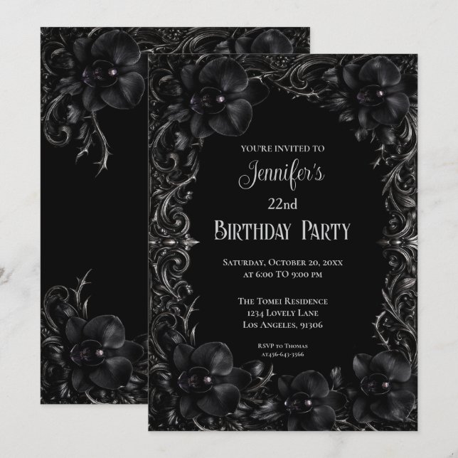 Black orchids Gothic Floral Birthday Invitation (Front/Back)