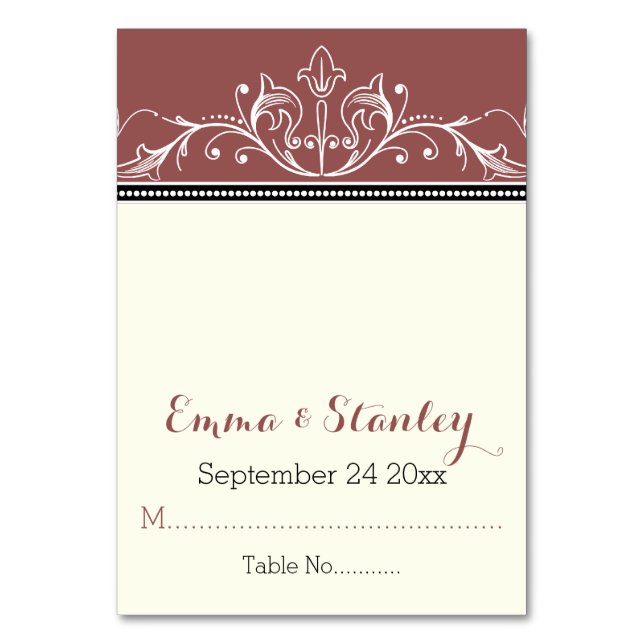 Black ornamental border marsala place card (Front)