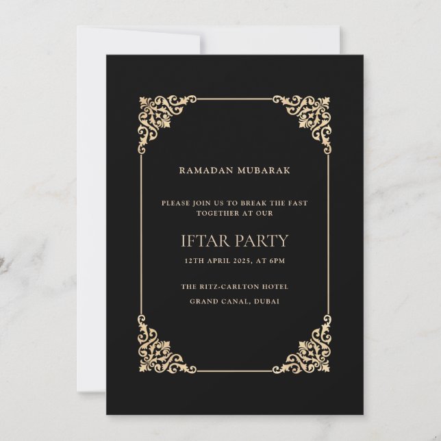Black Ornate Baroque Gold Script Iftar Party Invitation (Front)