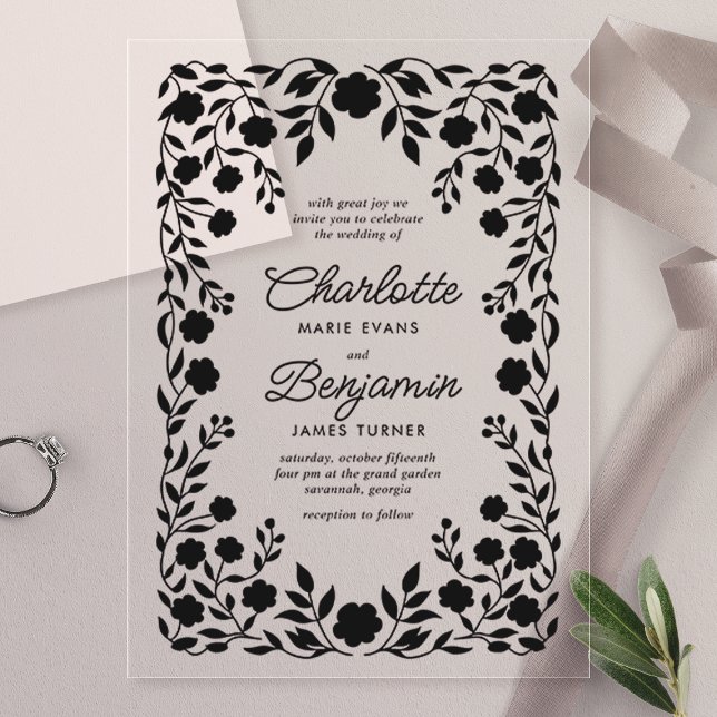 Black Ornate Floral Border Wedding Acrylic Invitations (Creator Uploaded)