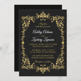 Black Ornate Gold Scroll Border Wedding Invitation