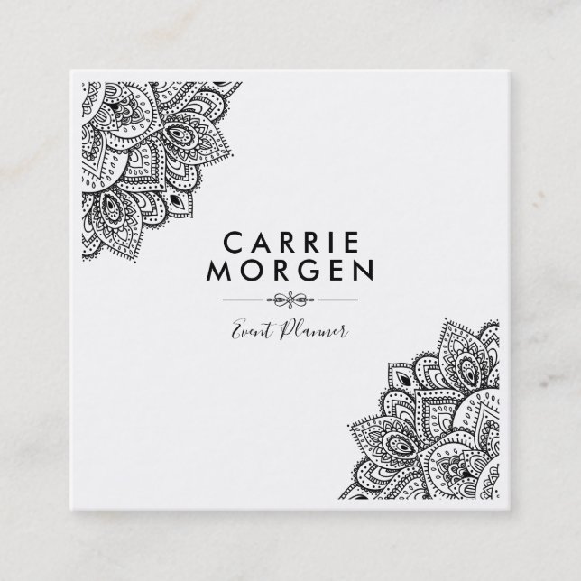 Black Ornate Tribal Mandal Corner Frame Square Business Card (Front)