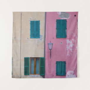 BLACK OUTDOOR SCONCE ON PINK PAINTED WALL TAPESTRY
