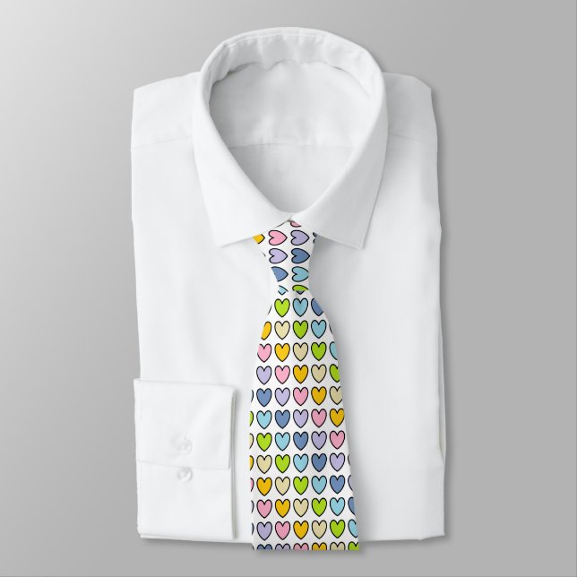 Black Outlined Pastel Rainbow Hearts Tie (Tied)