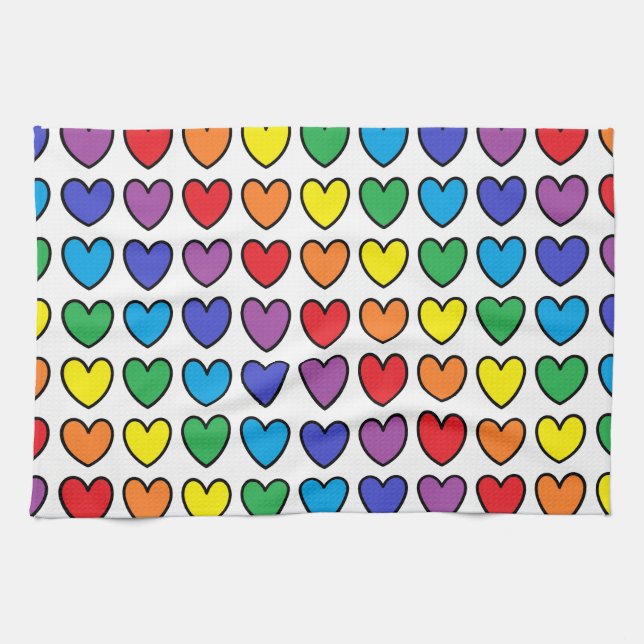 Black Outlined Rainbow Hearts Tea Towel (Horizontal)