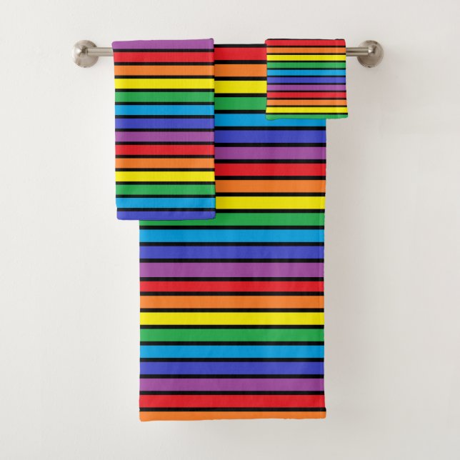 Black Outlined Rainbow Stripes Bath Towel Set (Insitu)