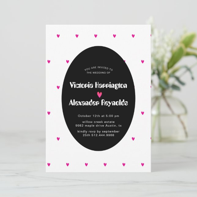 Black Oval Wedding Invitation with Pink Hearts (Standing Front)