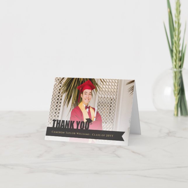 Black Overlay Ribbon Graduation Cap Modern Photo Thank You Card (Front)