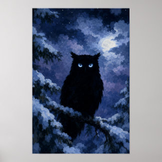 Black Owl in Snowy Night Poster