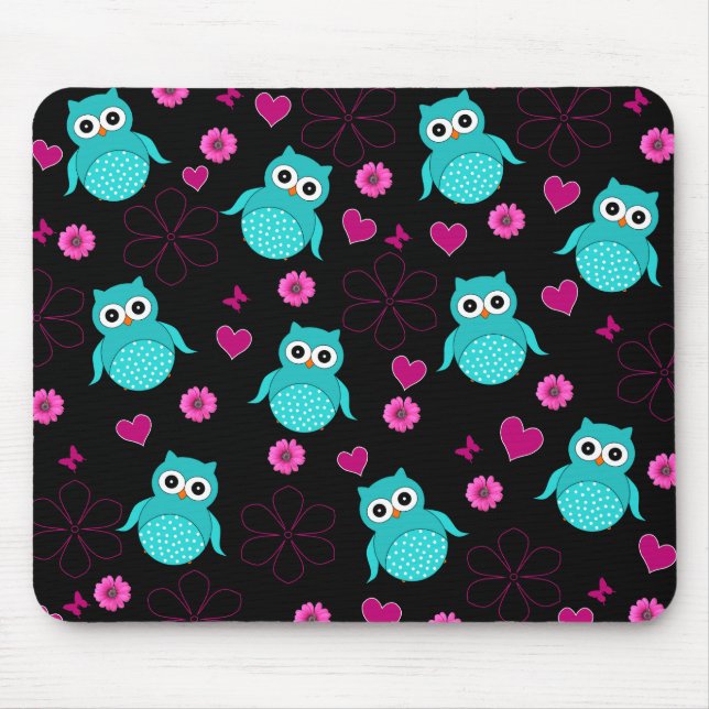 Black Owl pattern pink hearts flowers Mouse Mat (Front)