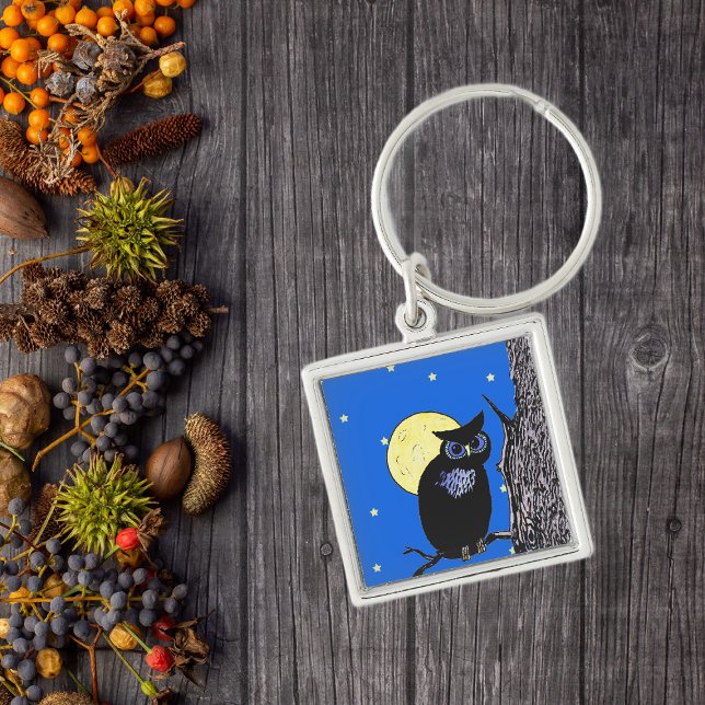 Black Owl Tree Moon Stars Key Ring (Black night owl in tree moon stars on keychain.)