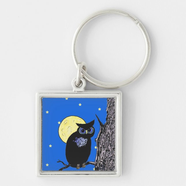 Black Owl Tree Moon Stars Key Ring (Front)