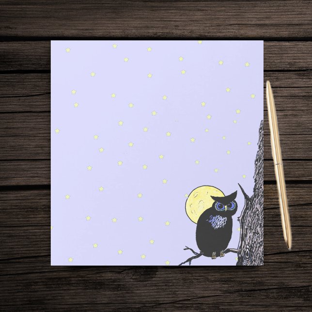 Black Owl Tree Moon Stars Notepad (Black owl blue eyes in tree yellow moon stars on light blue paper note pad.)