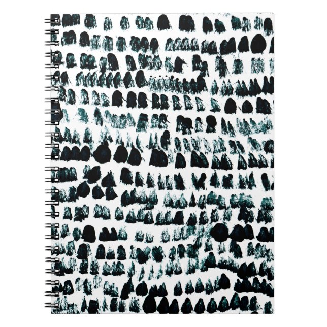 Black paint stains with spots, blots and grains on notebook (Front)