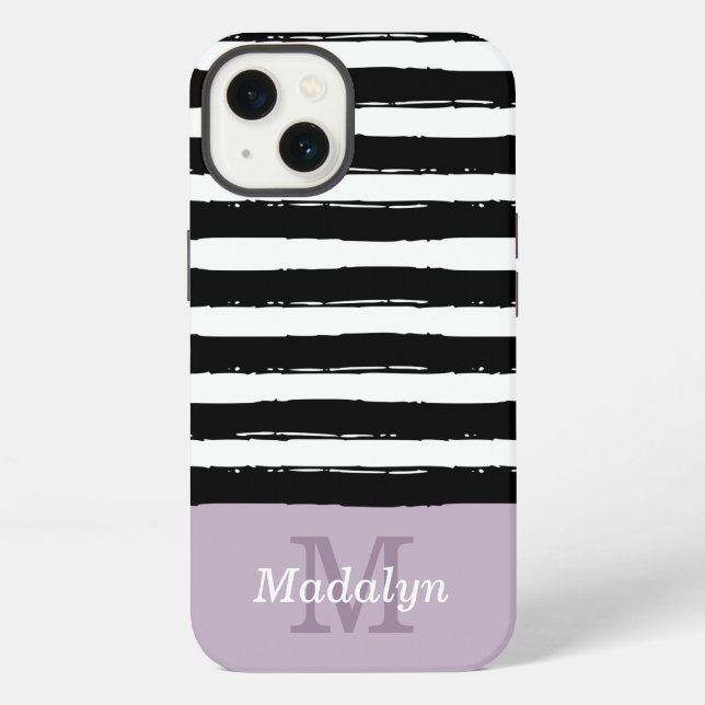 Black Paint Stripes Pattern with Lilac Monogram Ca iPhone Case (Back)