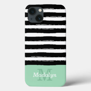 Black Paint Stripes Pattern with Mint Monogram Cas iPhone 13 Case