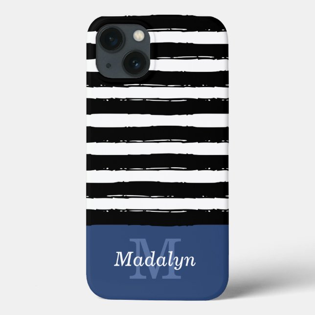 Black Paint Stripes Pattern with Navy Monogram Cas Case-Mate iPhone Case (Back)