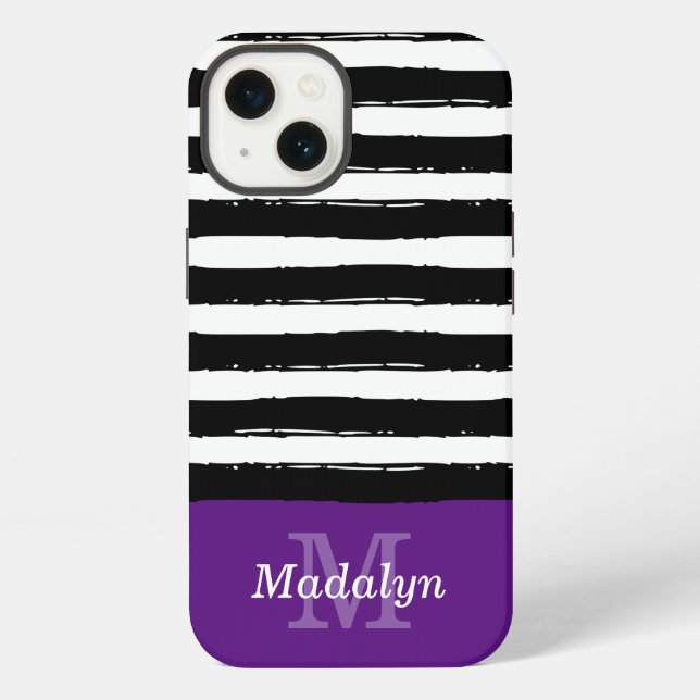Black Paint Stripes Pattern with Violet Monogram iPhone Case (Back)