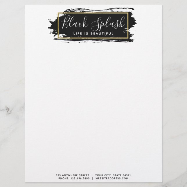 Black Paint Stroke & Modern Gold Geometric Chic Custom Letterhead (Front)
