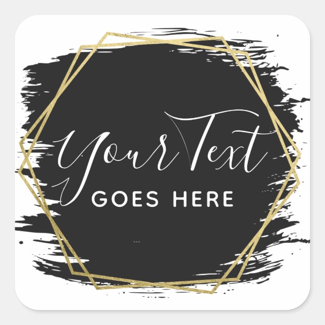 Black Paint Stroke & Modern Gold Geometric Chic Square Sticker (Front)