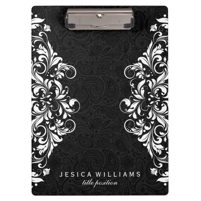 Black Paisley And White Floral Lace Clipboard (Front)