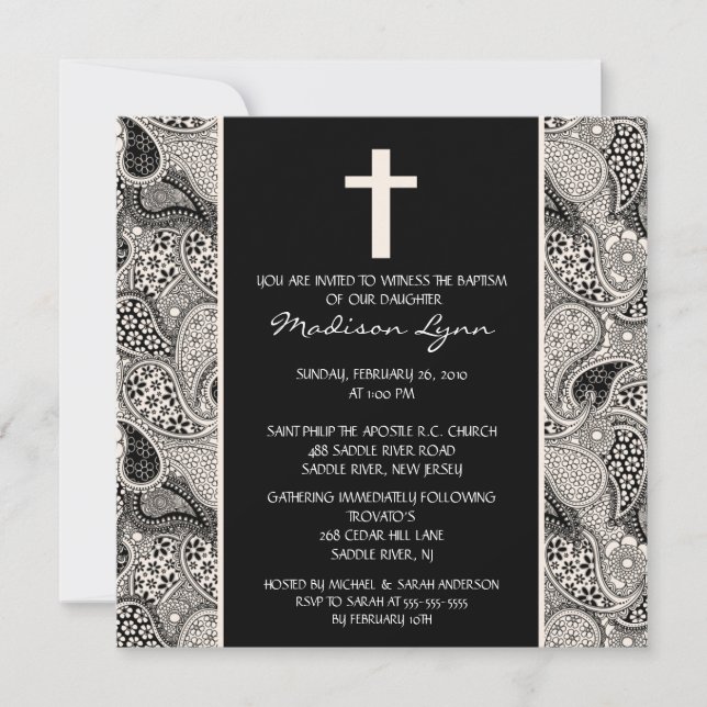 Black PAISLEY Baby Baptism Inviation Invitation (Front)