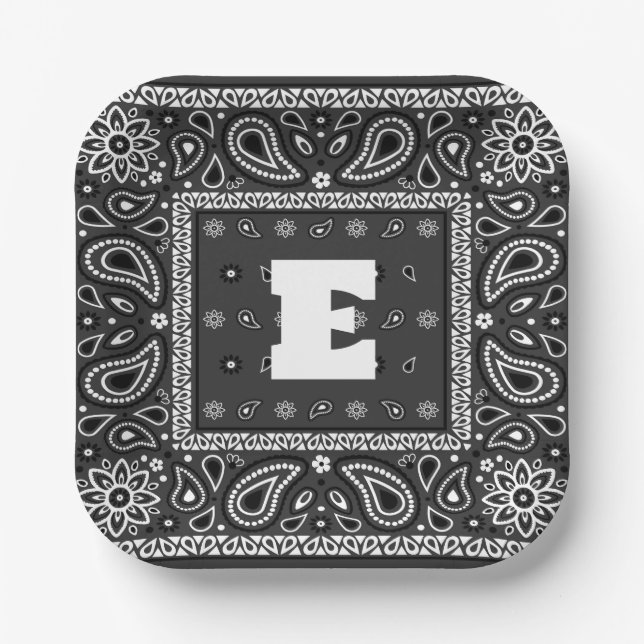 Black Paisley Bandanna Birthday Hip Hop Rap Scarf Paper Plate (Front)