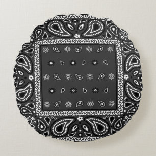 Black Paisley Bandanna Birthday Hip Hop Rap Scarf Round Cushion